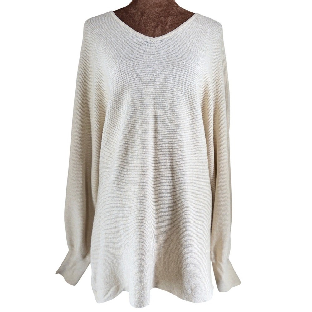 R2 Ribbed Knit Oversized V-Neck Sweater Womens Large Beige Neutral Cream Top EUC